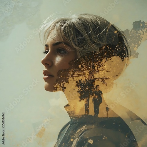 Creative Double Exposure Portrait of Young Woman Blended with Nature and Emotion