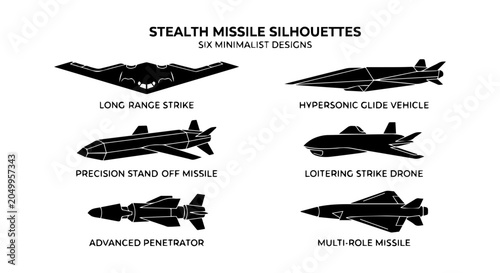Foto 6 Stealth missile silhouette icons, solid black style, military aviation