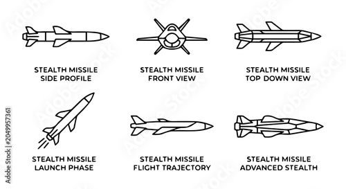 Canvastavla 6 Stealth missile silhouette icons, solid black style, military symbols set