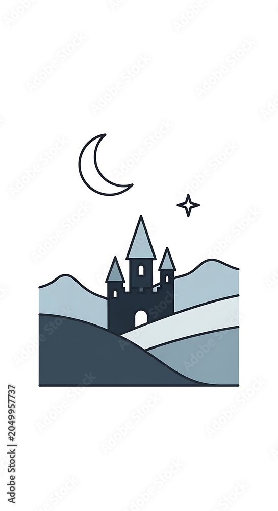 Naklejka premium Minimalist illustration of a castle silhouette under a crescent moon and star, set against a rolling hill landscape