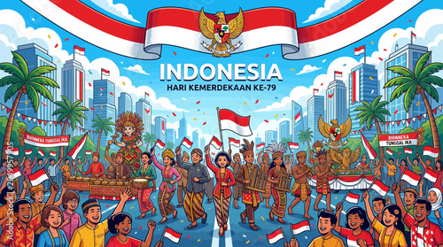 Vászonkép Indonesia Independence Day Celebration: Hari Kemerdekaan KE-79 Parade with Fla