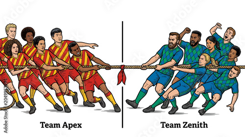 Fotografie Two teams, Apex and Zenith, in a tug-of-war competition, illustrating rivalry and competition