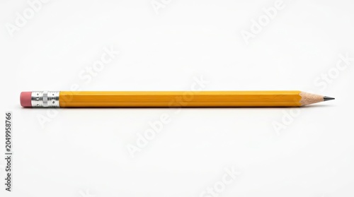 A Single Yellow Pencil with Pink Eraser on White Background.