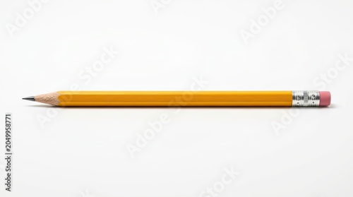 A Classic Yellow Pencil with a Pink Eraser on a White Background.