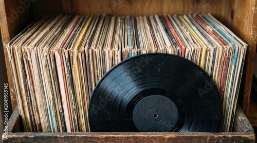 Vintage Vinyl Records Collection Stored in Wooden Crate.