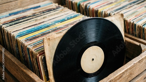 Vintage Vinyl Records Collection in Wooden Crate Close-Up.