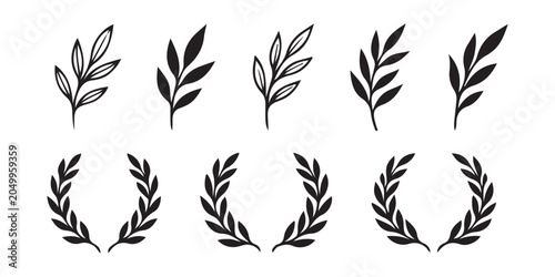 Canvastavla Set of black hand drawn floral leaves and laurel wreath branches for design deco