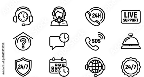24 Hour Customer Support Service Icon Set with Clock Headset and Assistance Symbols Vector Collection