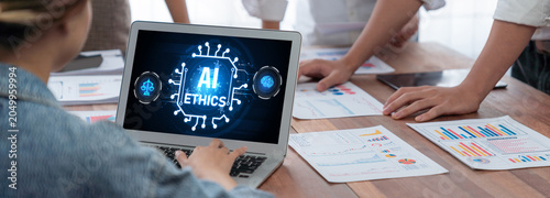 Konstfotografi AI ethics responsibility standard law and rules on computer screen provide report of AI ethic transparency preventing technology crime