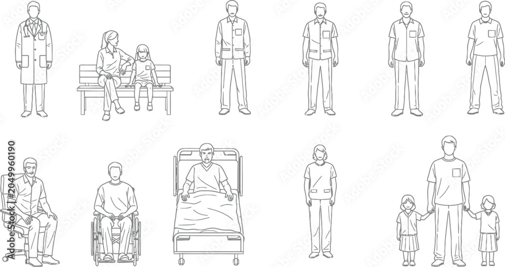 Obraz premium Set of medical staff and patients in hospital environment line art vector illustration for healthcare design and infographics