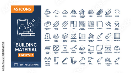 Building Materials icon set. Editable stroke. Vector illustration
