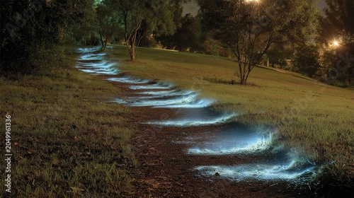 acceleration. Time-lapse of glowing footprints accelerating across a twilight park path. travel magazines, destination branding, designed for outdoor magazines and nature guides, drives exploration.