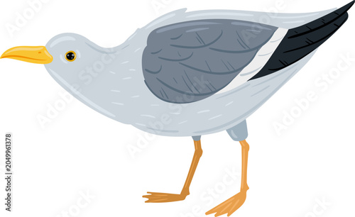 Φωτογραφία Seagull standing with yellow beak and webbed feet cartoon illustration