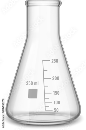 Empty clear glass erlenmeyer flask for chemistry and laboratory experiments