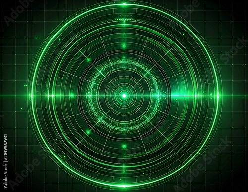 Futuristic green radar screen with scanning targets and digital grid, high-tech navigation interface, military sonar display concept