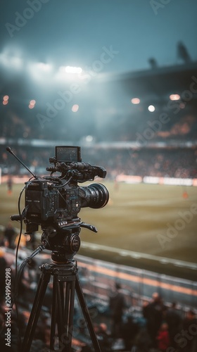 Professional video camera filming a live sports event at night