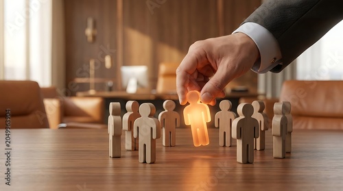Hand selecting glowing wooden person from group
