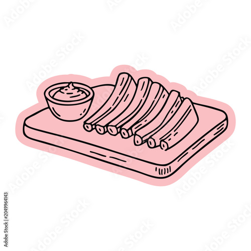 Rib Bones on Cutting Board Sticker Doodle Illustration