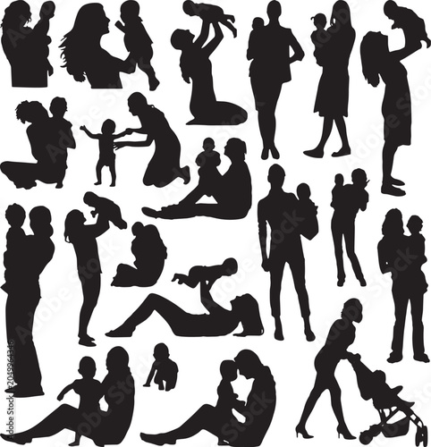 Bild auf Leinwand Set of vector silhouettes of people in mother care his child illustration collection