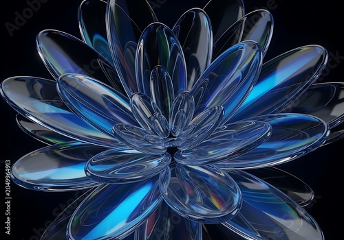 Abstract 3d glass flower sculpture with iridescent blue reflections