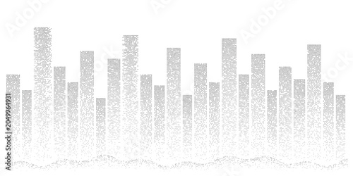Abstract dotted city skyline illustration, minimalist black and white urban skyscrapers isolated on white background