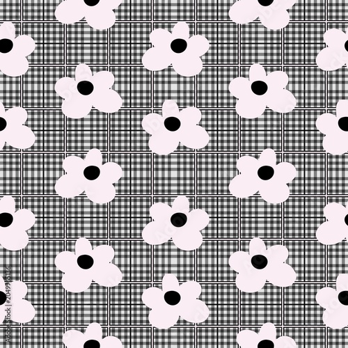 Minimalist Daisy Flower on Monochrome Plaid Seamless Pattern