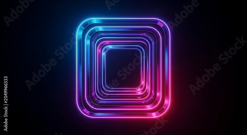 Abstract neon glowing square tunnel frames in blue and pink light