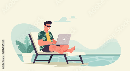 Man working on laptop by the pool, concept of remote work and vacation.