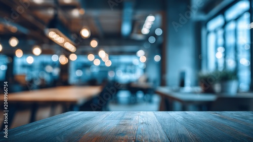 Modern Interior of Empty Coffee Shop with Wooden Table and Ambient Lighting