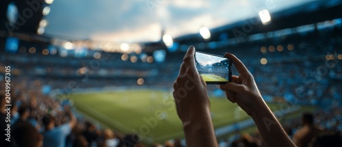 Person capturing live soccer match on smartphone in stadium