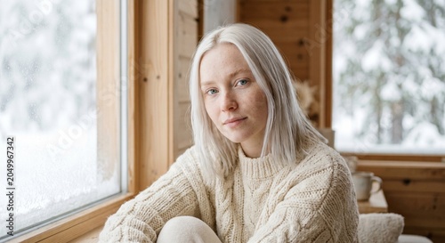 Portrait of beautiful blonde woman in cozy winter cabin