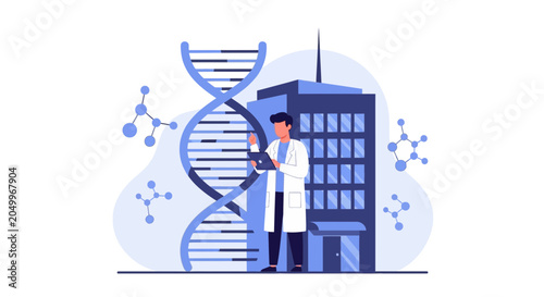 Scientist in Lab Coat with DNA Strand and Modern Building Vector Illustration