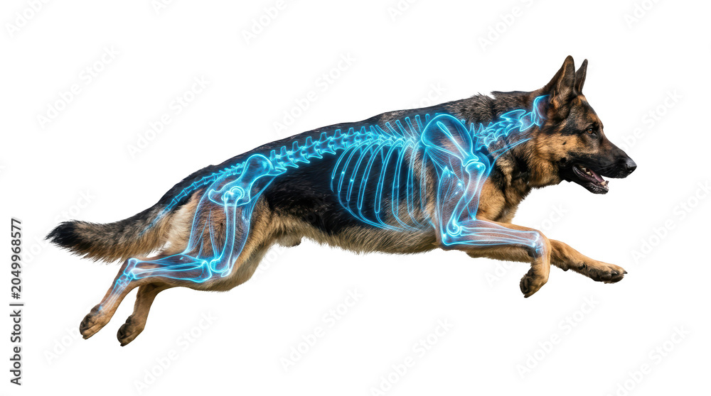 Fototapeta premium Dynamic running dog with x-ray skeleton visualization outdoor environment high fidelity concept action photography