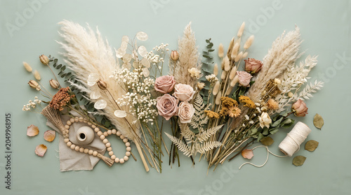 Dried floral arrangement with decorative items.