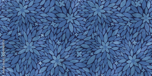 Blue floral watercolor seamless pattern, flowers and small leaves soft asian background, botanical print for wellness and spa.