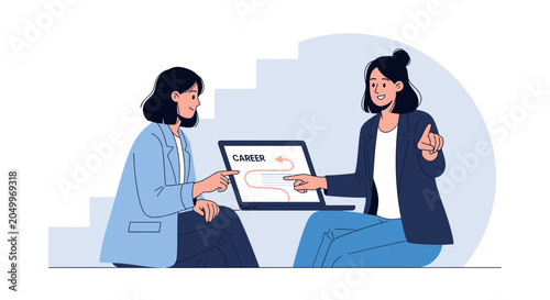 Two women discussing career path on laptop, illustration of growth and development