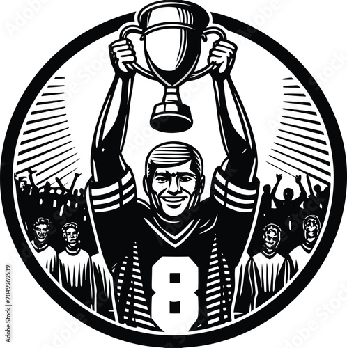 Vintage American Football Champion, Trophy Winner, Sports Illustration, Black and White Vector