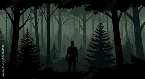 Solitary figure walking through misty bamboo forest.