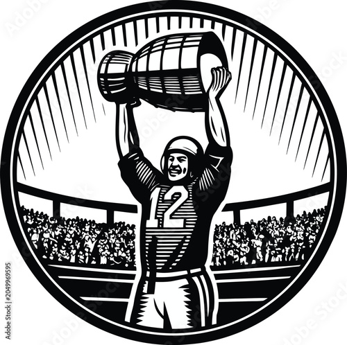 American football player, victorious athlete, sports logo, black and white vector