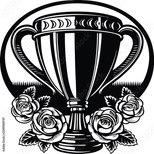 Vintage trophy cup, floral emblem, black and white vector, award symbol, roses illustration