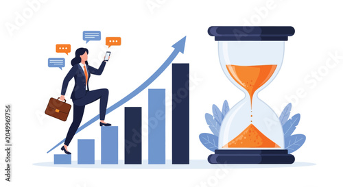 Business woman climbing growing bar chart stairs concept vector illustration for career progress success growth strategy deadline time management optimization.