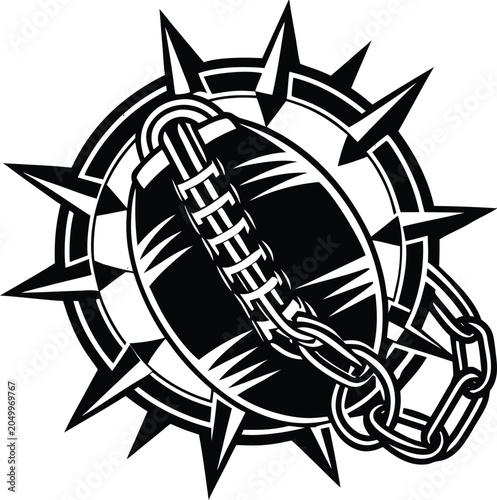 American football, spiked chain, black and white vector, sports icon, grunge style