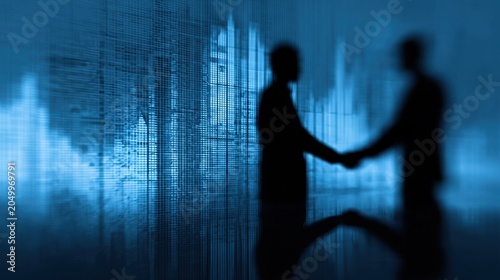 Businesspeople Shaking Hands in Corporate Meeting with Digital Data Background