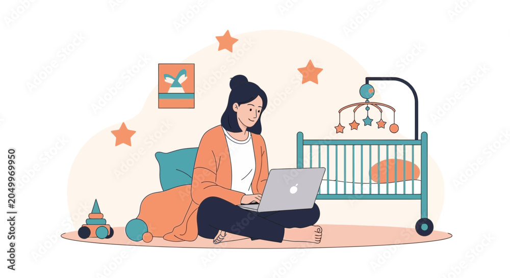 Obraz premium Mother working remotely on laptop next to baby crib, balance of family and career, modern parenting concept