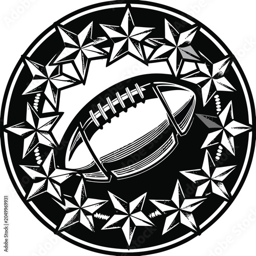 American football, sports logo, black and white, starburst design, vector icon