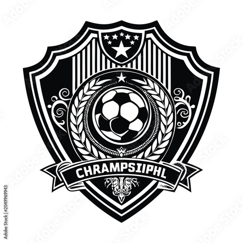 Black and white soccer crest, shield logo, football emblem, sports badge