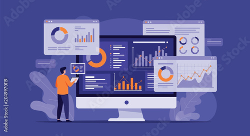 Fotografie Data analyst working on financial performance dashboard using computer software to visualize market trends with multiple charts and graphs for business insights