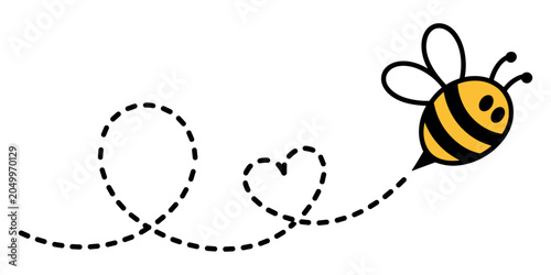 Cartoon bee flying with dotted line trail and heart yellow and black heart shape