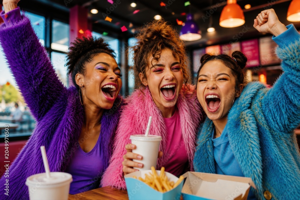 Naklejka premium Drei Fussballfans feiern Soccer Turnier 2026 Drei junge Frauen jubeln ausgelassen in farbiger Fast-Food-Atmosphäre bei einem großen Sportevent.
