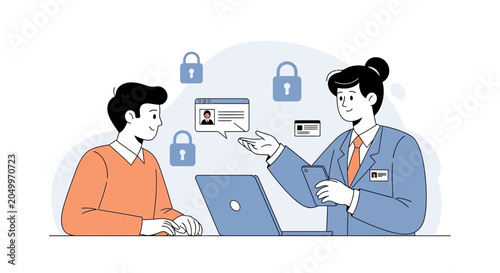 Online Security Concept: People interacting with digital data and security features like locks and ID cards, representing data protection and privacy.